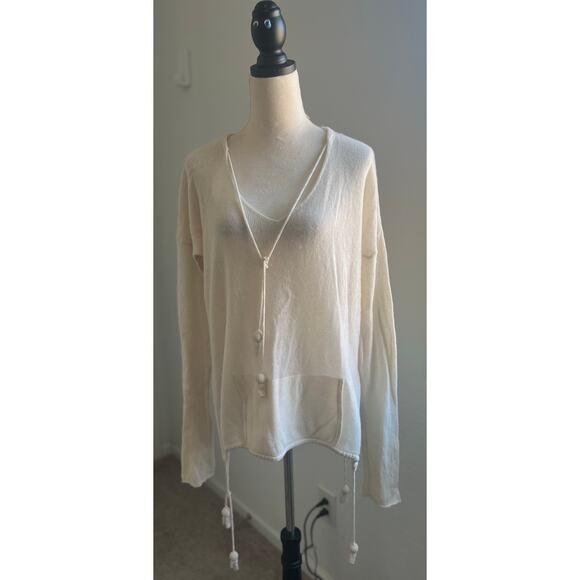 Calypso St. Barth Cashmere Tassel Pullover Ivory Long Sleeve Pocket Sweater L - Picture 2 of 10